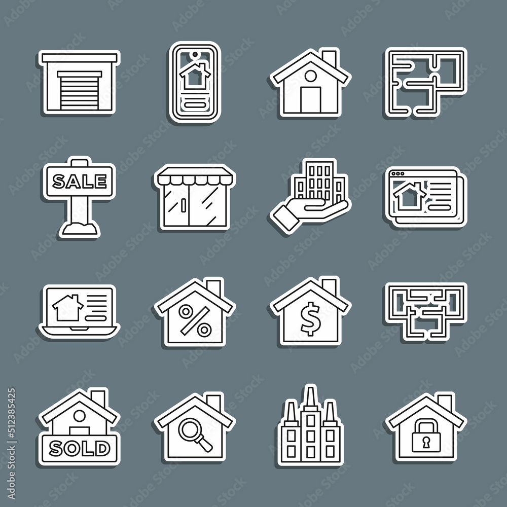 Set line House under protection, plan, Online real estate house, Market store, Hanging sign with Sale, Garage and Skyscraper icon. Vector Set line House under protection, plan, Online real estate house, Market store, Hanging sign with Sale, Garage and Skyscraper icon. Vector