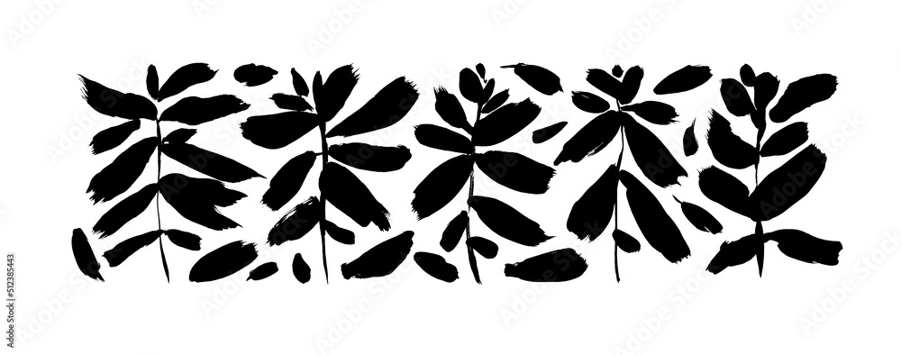 Set of black silhouettes bold leaves and twigs. Hand drawn vector eucalyptus foliage, herbs, tree branches. Hand drawn botanical elements isolated on white. Black painted plant branches. 