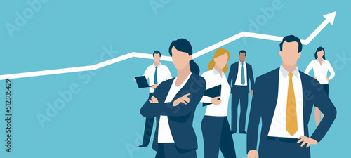 Team of six workers and rising business chart line. Together for success and growth. Business vector illustration. 