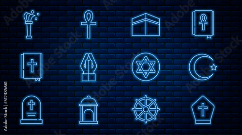 Set line Pope hat, Star and crescent, Kaaba mosque, Hands in praying position, Holy bible book, Aspergillum, of David and Cross ankh icon. Vector
