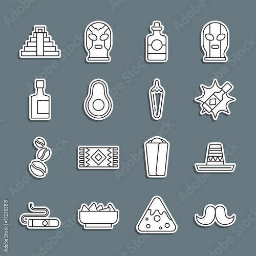 Set line Mustache, Mexican sombrero, Tabasco sauce, Tequila bottle, Avocado fruit, Chichen Itza in Mayan and Hot chili pepper pod icon. Vector