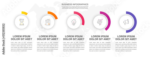 Vector infographic design template. Modern concept with 5 steps. Creative timeline with graph elements, percentage circles and icons. Performance analysis in percent