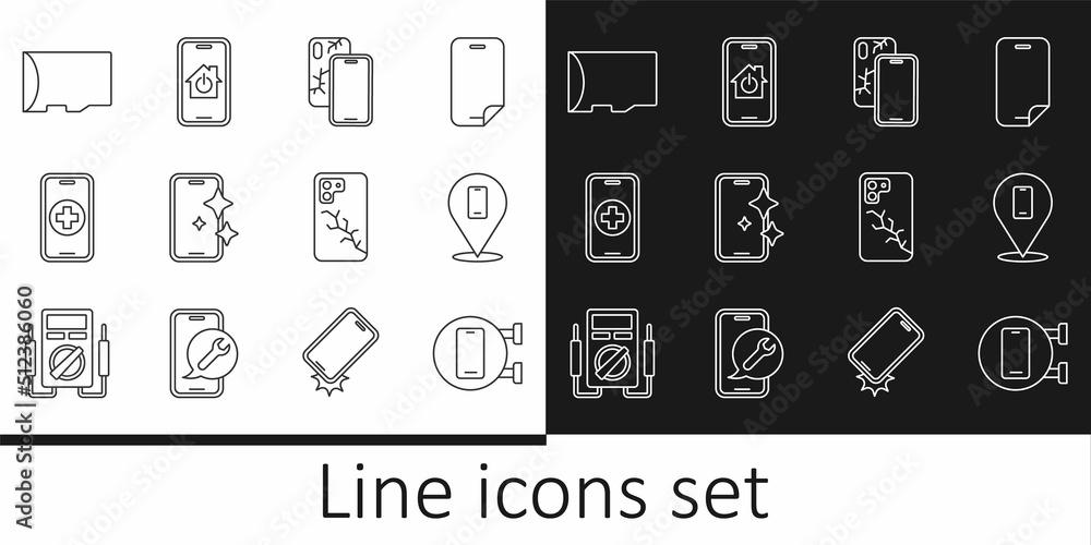 Set line Phone repair service, Mobile with broken screen, Glass protector, Micro SD memory card, and smart home icon. Vector Set line Phone repair service, Mobile with broken screen, Glass protector, Micro SD memory card, and smart home icon. Vector