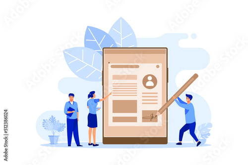 electronic signature, little people sign a document, Financial Business Agreement. Web Contract. online document. flat design modern illustration