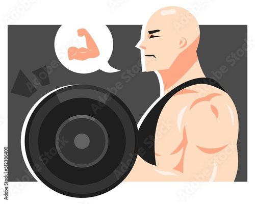 illustration of a bald-headed man lifting a big barbell. burly man. side view. equipped with hand muscle icon. suitable for the theme of gym, sports, health, body building, etc. flat vector