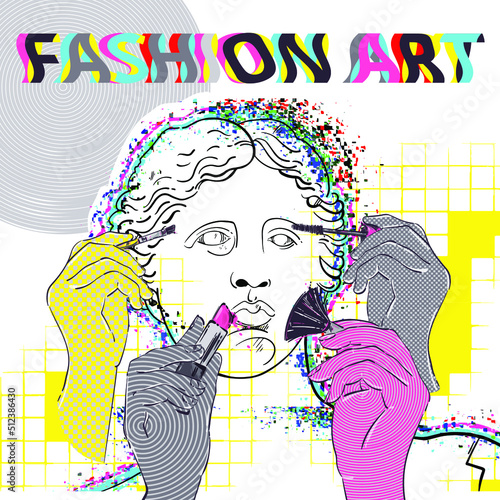 Vector abstract illustration of Greek statue of Venus de Milo in creative psychedelic style. Fashion art. Hands with a brush for shadows, blush and a brush for mascara. Makeup