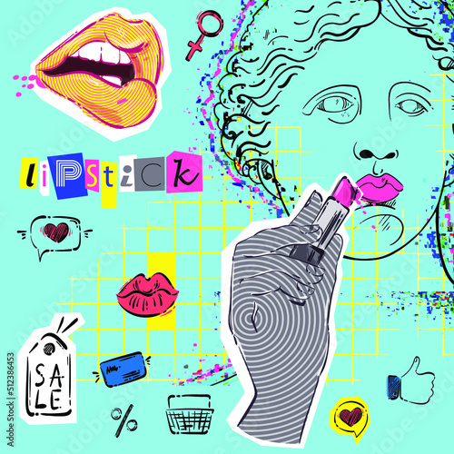 Vector abstract illustration of Greek statue of Venus de Milo in creative psychedelic style. Fashion art. Hands with a brush for shadows, blush and a brush for mascara. Makeup