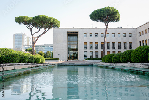Photography The Fountains Hall a it's business quarter in the Eur district in Rome, Italy