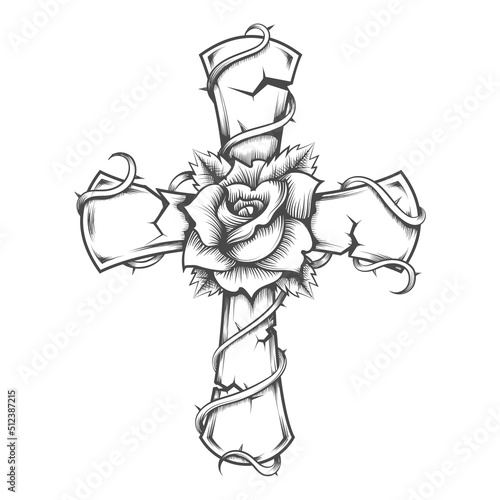 Stone Cross and Rose Tattoo