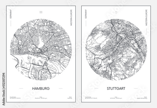 Travel poster, urban street plan city map Hamburg and Stuttgart, vector illustration