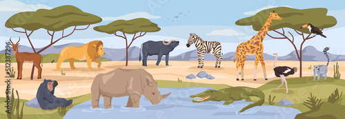 Wildlife park of Africa, zoo garden or menagerie, nature reserve for animals living in African savannah. Lion and zebra, buffalo and giraffe. Flat cartoon, vector illustration