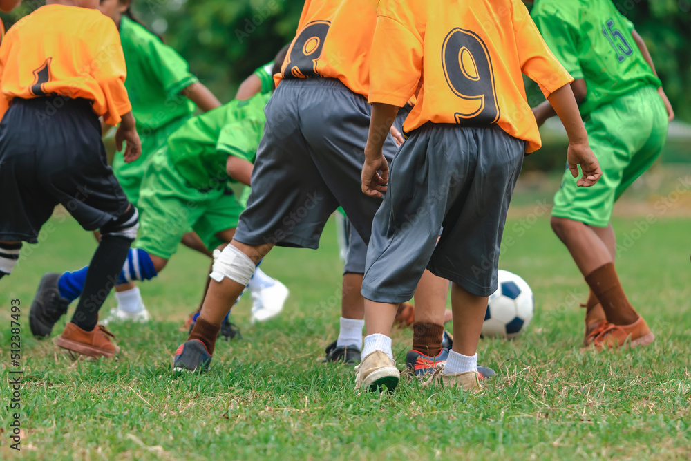Fototapeta premium Football soccer children training class. Kindergarten school kids playing football in a field. Group of boys running and kicking soccer on sports grass pitch. Children in sportswear on football match.