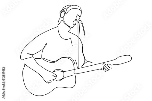 single stroke drawing of a male singer sing a song and play music. Vector illustration of musician artist performance concept