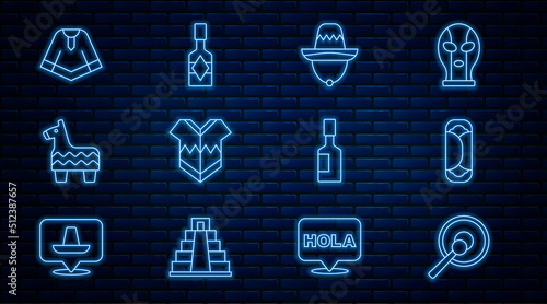 Set line Gong, Burrito, Mexican sombrero, Poncho, Pinata, Tabasco sauce and icon. Vector