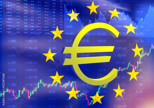 Euro logo with EU flag. Investment charts of European financial market. Economy of European Union. Trading euro on stock exchange. Buying and selling euro on financial exchange. 3d rendering.