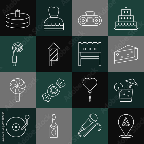 Set line Slice of pizza, Cocktail, Piece cake, Home stereo with two speakers, Firework rocket, Birthday party horn, Cake burning candles and BBQ brazier icon. Vector