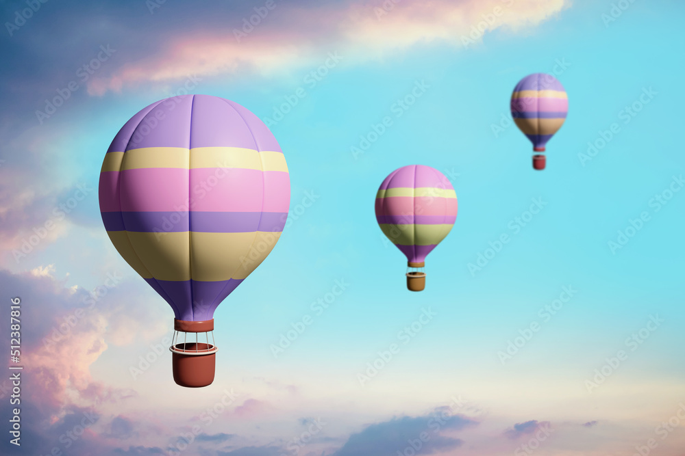 Naklejka premium Hot air balloon on the background of the sky and rainbow, colorful, baner