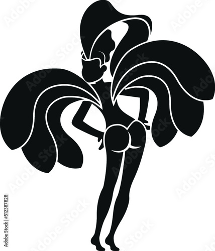 Black and White Cartoon Illustration Vector of a Female Samba Carnival Festival Dancer with Feathers