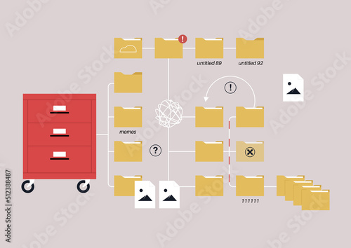 Cluttered workspace, a file directory with folders in a chaotic disorder, a poor document organizing system