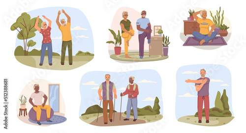 Elderly people doing morning exercises, gymnastics flat cartoon characters set. Old men and women walking. Vector illustration of healthy active lifestyle older people sport retiree grandparents