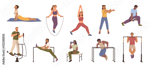 Men and women doing sports outside, isolated male and female working out. Exercises for body health and strength, yoga and stretching. Flat cartoon character, vector illustration