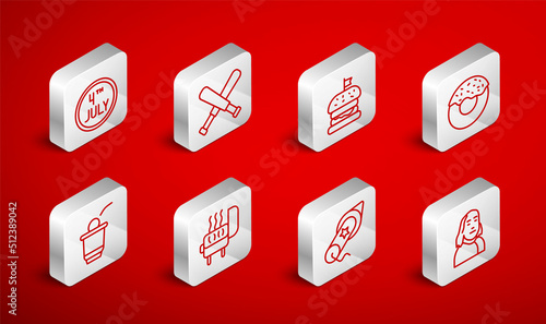 Set line Benjamin Franklin, Crossed baseball bat, Burger, Donut, Firework, Calendar with date July 4, Barbecue grill and Beer pong game icon. Vector