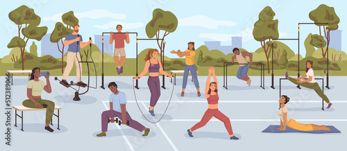 Sports and gymnastics, fitness and outdoors activities for health. Woman skipping on jumping rope, man with dumbbells pushing and pulling up characters. Flat cartoon, vector illustration