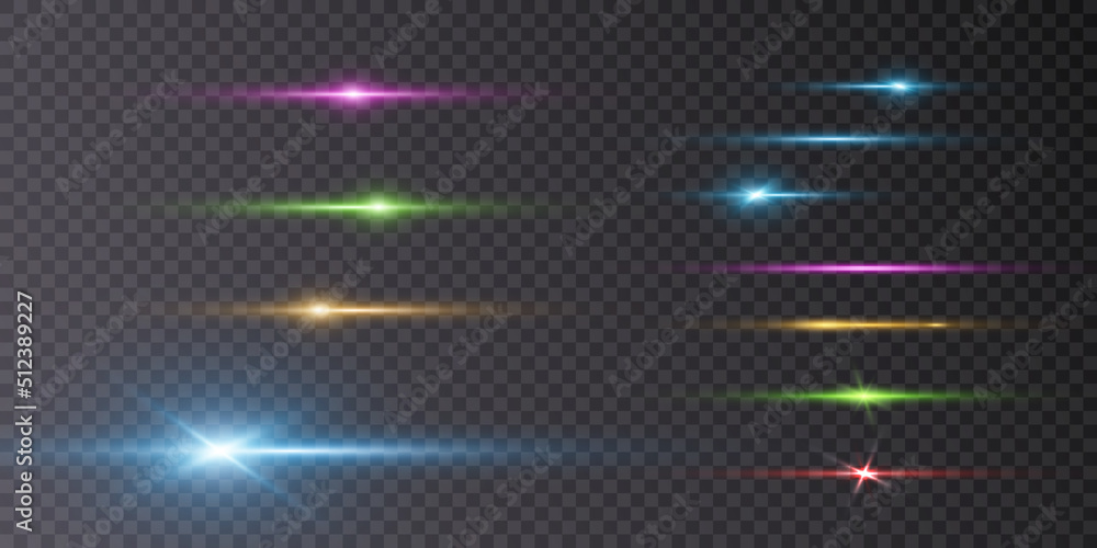 Bright horizontal highlights. Laser beams, horizontal beams of light. Beautiful light flashes. Glowing stripes on a transparent background. Glowing abstract sparkling background. Vector Bright horizontal highlights. Laser beams, horizontal beams of light. Beautiful light flashes. Glowing stripes on a transparent background. Glowing abstract sparkling background. Vector