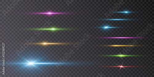 Bright horizontal highlights. Laser beams, horizontal beams of light. Beautiful light flashes. Glowing stripes on a transparent background. Glowing abstract sparkling background. Vector