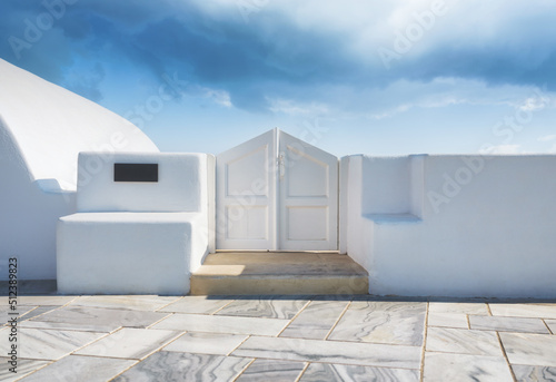 Traditional courtyard entrance in the village of Oia, Santorini, Greece. Traditional architecture. Photo as wallpaper.