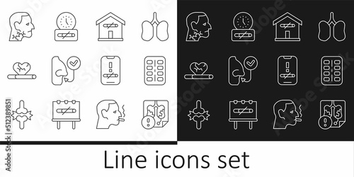 Set line Disease lungs, Nicotine gum in blister pack, No smoking at home, Healthy breathing, Heart disease with, Throat cancer, and time icon. Vector