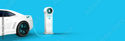 White electric car connected to power station charger on blue background. 3D rendered illustration.