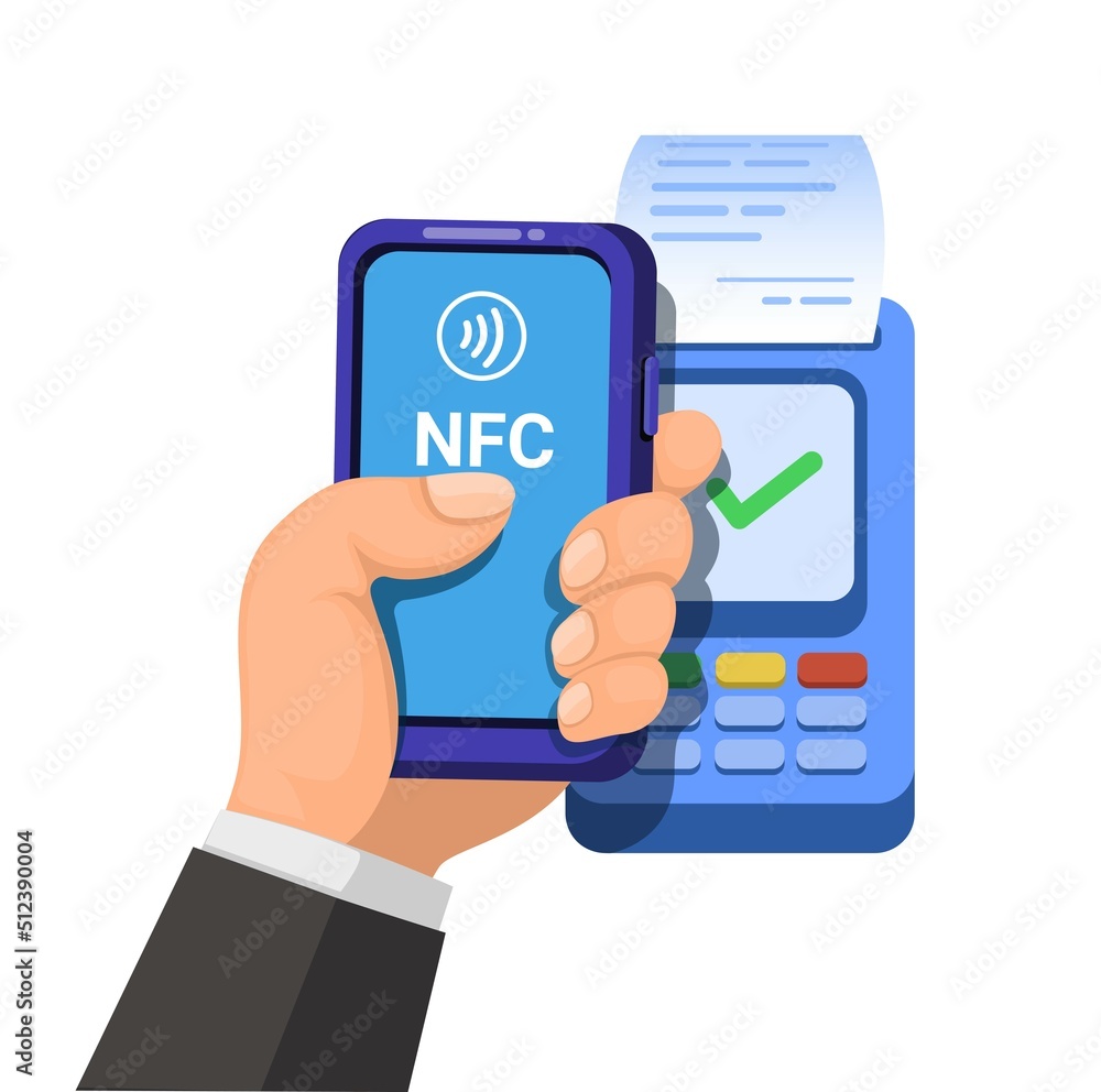 NFC technology on smartphone. contacless payment using mobile banking symbol cartoon illustration vector