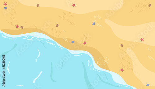 Summer beach seascape, scenery of seashore with water and sand with sea star and conches. Vector tropical beach landscape, tranquil Hawaii resort with nobody on shore, coast background