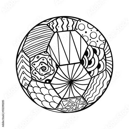 Zentangle coloring page with footbal ball. Adult coloring illustration. Outline sport concept.