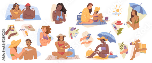 Men and women using sun lotion, applying sunblock and sunscreen with SPF. protection from rays and harmful impact of sunshine on beach. Flat cartoon character, vector illustration photo