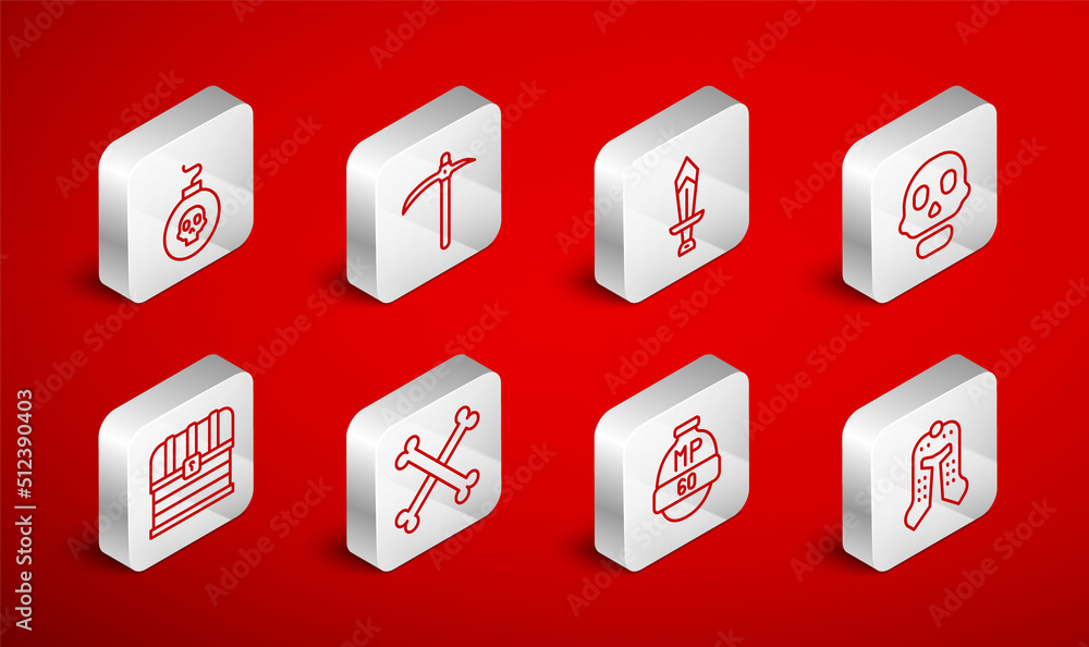 Set line Medieval helmet, Pickaxe, Sword for game, Skull, Video bar, Bomb ready to explode, Crossed human bones and Chest icon. Vector Set line Medieval helmet, Pickaxe, Sword for game, Skull, Video bar, Bomb ready to explode, Crossed human bones and Chest icon. Vector