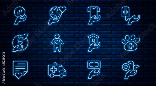 Set line Leaf in hand, Veterinary clinic, Clothes donation, Volunteer, Pleasant relationship, Donation charity, Shelter for homeless and Hand holding Earth globe icon. Vector