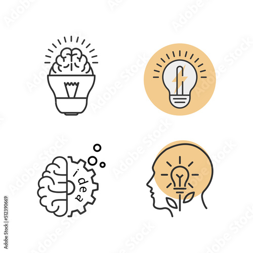 Idea, creativity, innovation concept. Creative solutions. Outline flat style icons. Isolated on white background. 