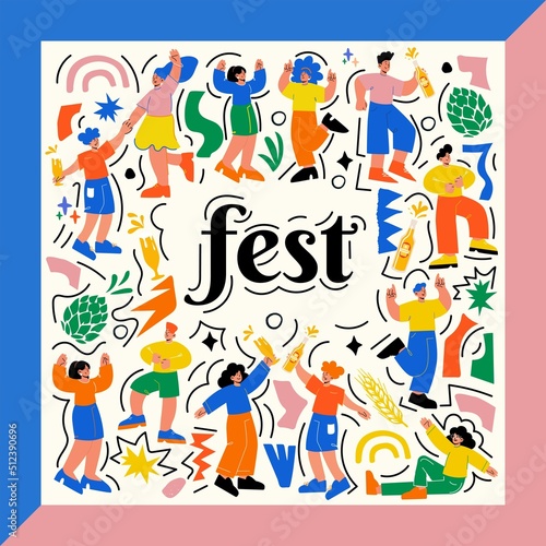Bright  modern design with dancing people in doodle style. Best for music  summer  food and October festivals. Editable Templates. Vector illustration.