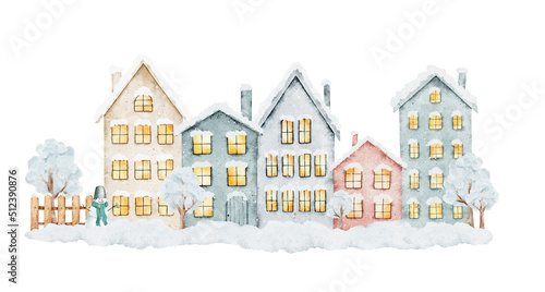 Winter Christmas Street Village City with trees and snowman isolated on white background.