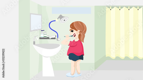 A girl brushing teeth in the bathroom.