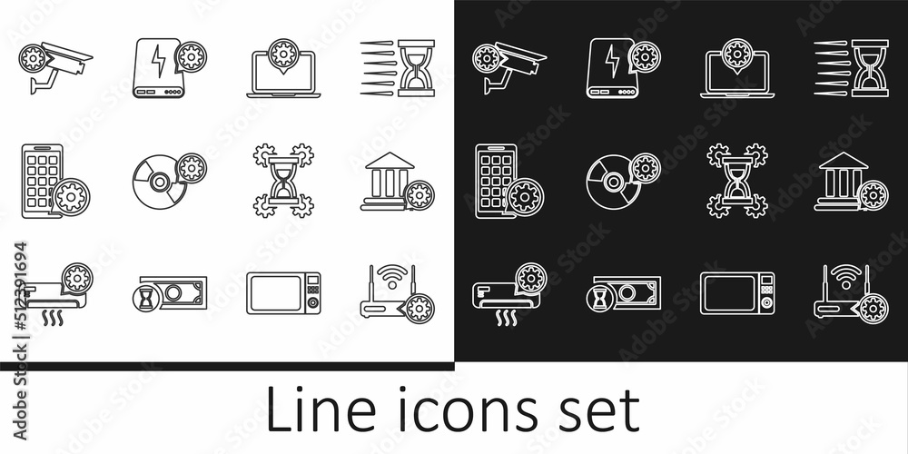 Set line Router and wi-fi setting, Bank building, Laptop, CD or DVD disk, Mobile Apps, Security camera, Hourglass and Power bank icon. Vector