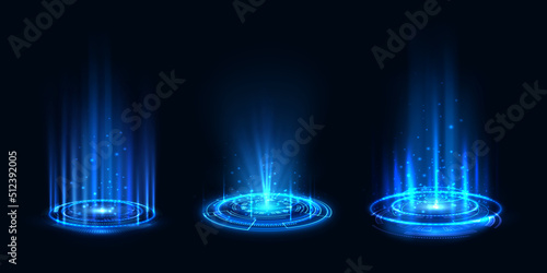 Futuristic hologram, realistic teleportation portals set. Vector illustration of light aura and glowing hologram. Energy circles and rays on black background. Portal, magic teleport or level up effect photo
