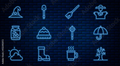Set line Bare tree, Umbrella, Handle broom, Winter hat, Jam jar, Witch, Honey dipper stick and Shovel icon. Vector