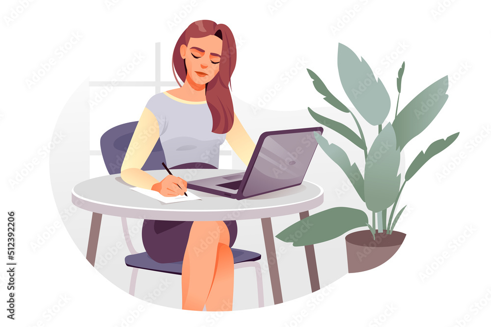 A girl with a laptop is working. The girl is browsing the Internet, conversations, online conferences. The concept of online education. Flat vector illustration.