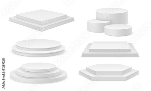 White realistic 3D podiums set, isolated steps pedestal. Vector illustration abstract studio platforms of circle and rectangle shape. Promotion display podium, minimal scene for products showcase