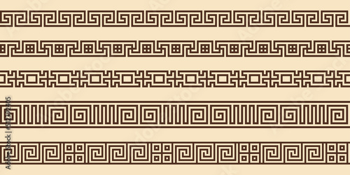 Greek key pattern, seamless borders collection. Decorative ancient meander, greece border ornament set with repeated geometric motif. Vector EPS10.