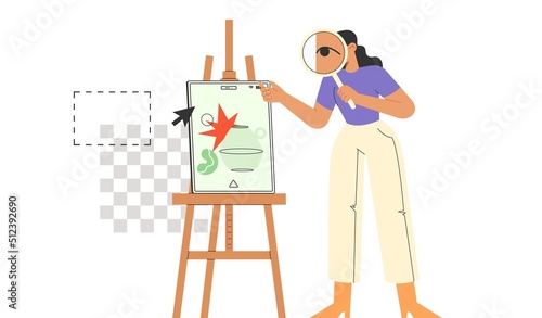 NFT concept. Digital Art. Flat vector illustration with female character watching a gallery of illustrations on a tablet.