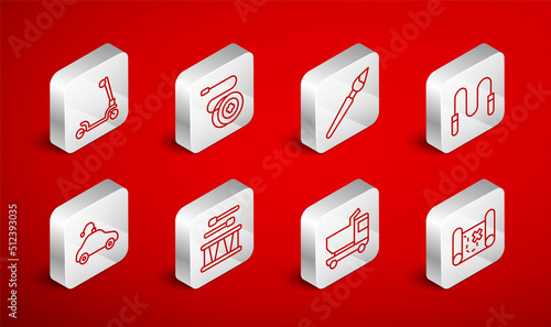 Set line Pirate treasure map, Yoyo toy, Paint brush, Jump rope, Toy truck, Roller scooter, Drum with drum sticks and Radio controlled car icon. Vector